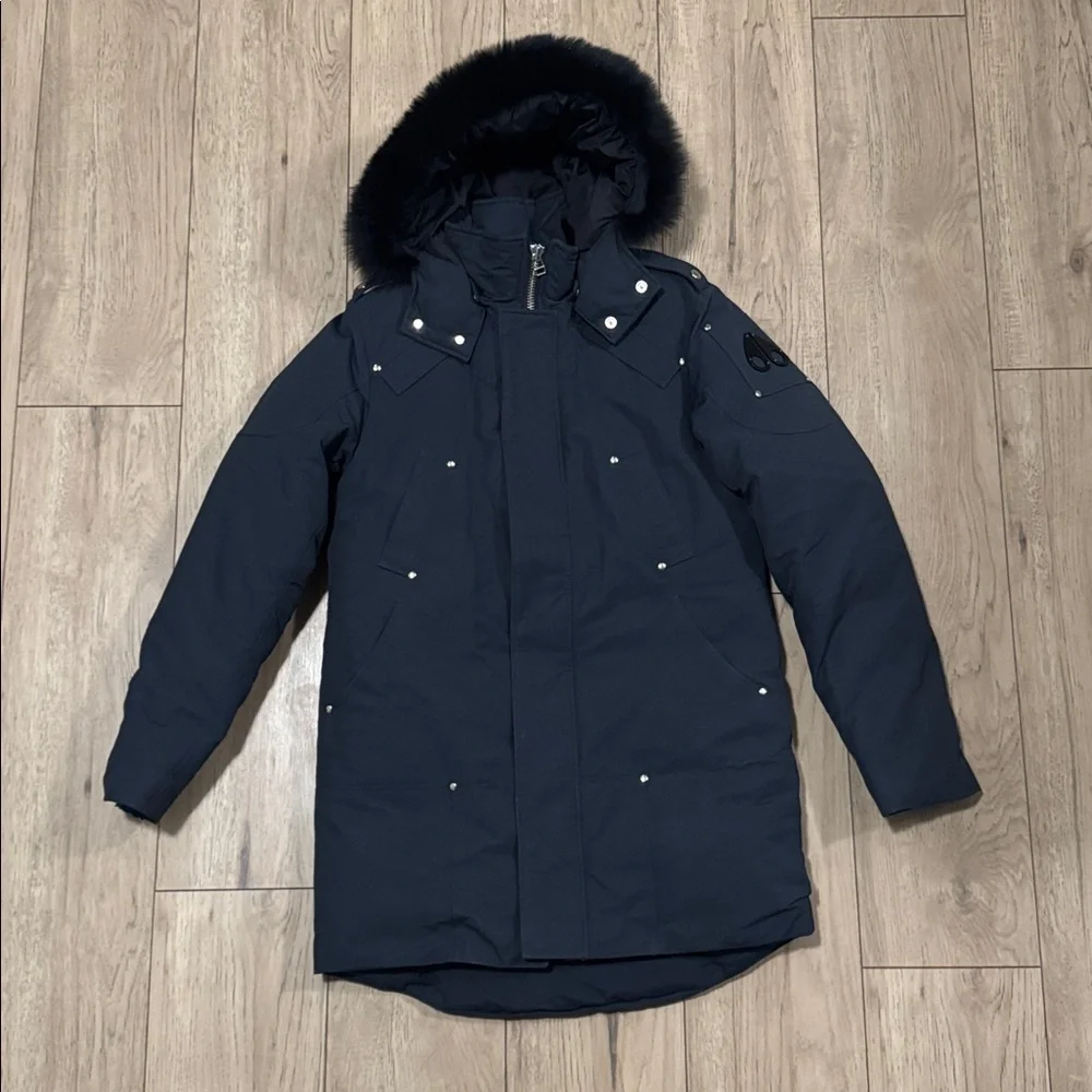 Moose Knuckles Shearling Trim Navy Blue Winter Parka Men’s Medium Authentic